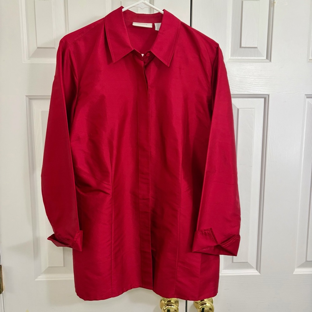 Chico's 100% Silk Vibrant Red Covered Button Down Tunic Blouse Top Size Large